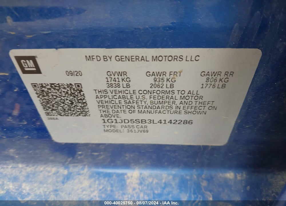 2020 CHEVROLET SONIC VIN: 1G1JD5SB3L4142286