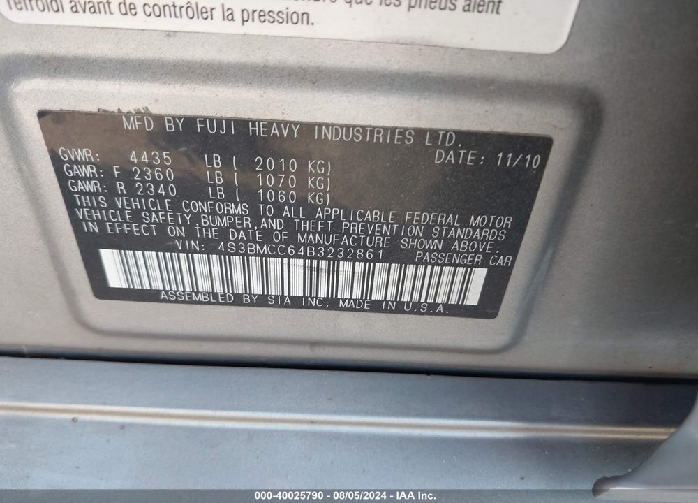 2011 SUBARU LEGACY 2.5I PREMIUM VIN: 4S3BMCC64B3232861