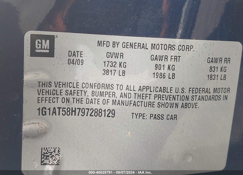2009 CHEVROLET COBALT LT VIN: 1G1AT58H797288129