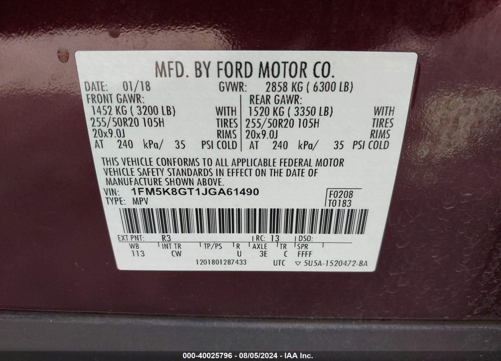 2018 FORD EXPLORER SPORT VIN: 1FM5K8GT1JGA61490