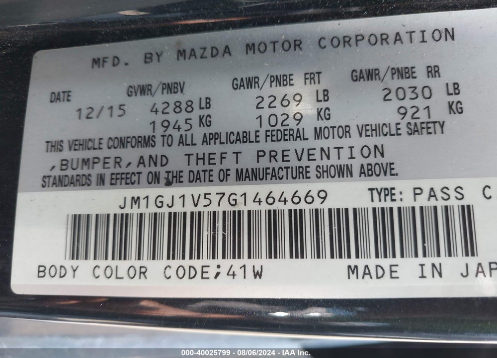 2016 MAZDA 6 I TOURING VIN: JM1GJ1V57G1464669