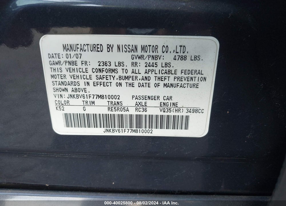 2007 INFINITI G35X VIN: JNKBV61F77M810002