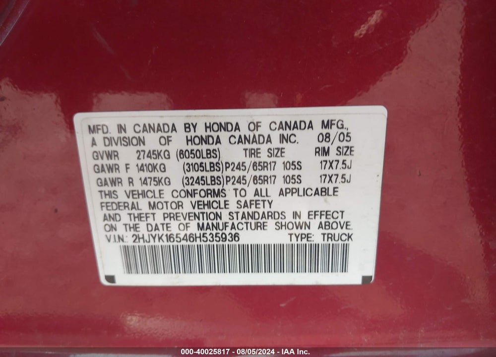 2006 HONDA RIDGELINE RTL VIN: 2HJYK16546H535936