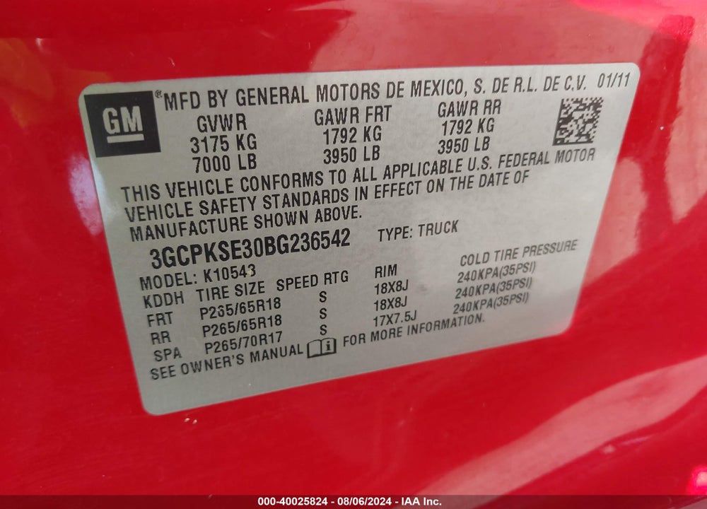 2011 CHEVROLET SILVERADO 1500 LT VIN: 3GCPKSE30BG236542