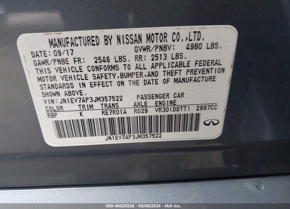 2018 INFINITI Q50 VIN: JN1EV7AP3JM357522