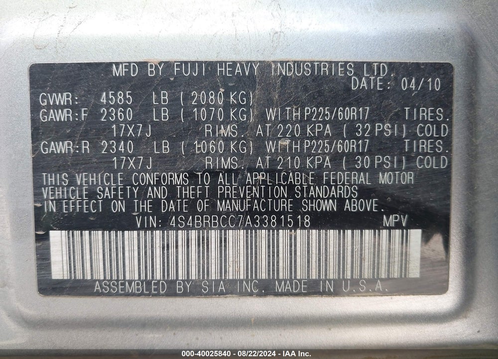 2010 SUBARU OUTBACK 2.5I PREMIUM VIN: 4S4BRBCC7A3381518