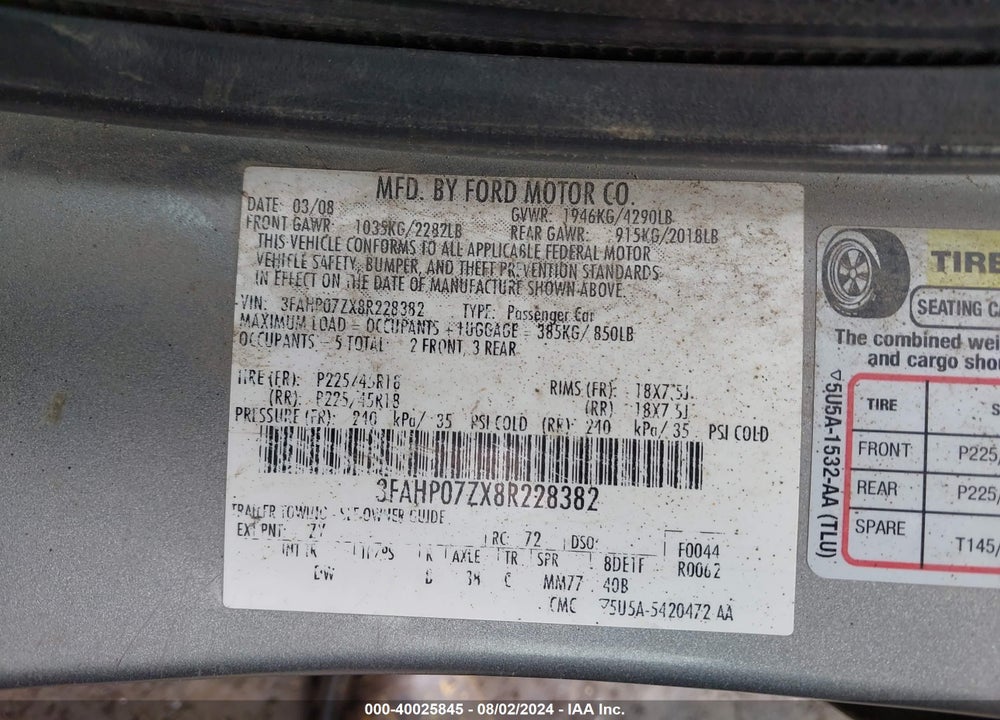 2008 FORD FUSION SE VIN: 3FAHP07ZX8R228382
