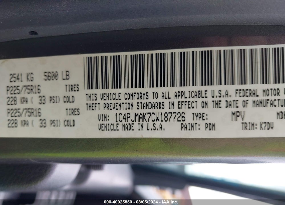 2012 JEEP LIBERTY SPORT VIN: 1C4PJMAK7CW187726