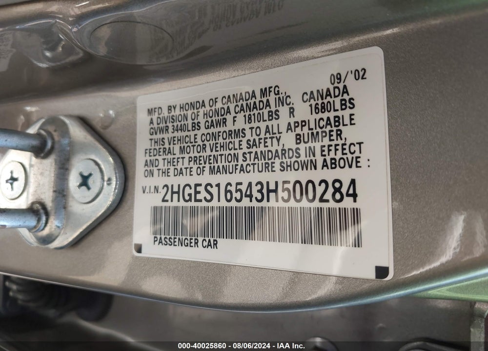 2003 HONDA CIVIC LX VIN: 2HGES16543H500284