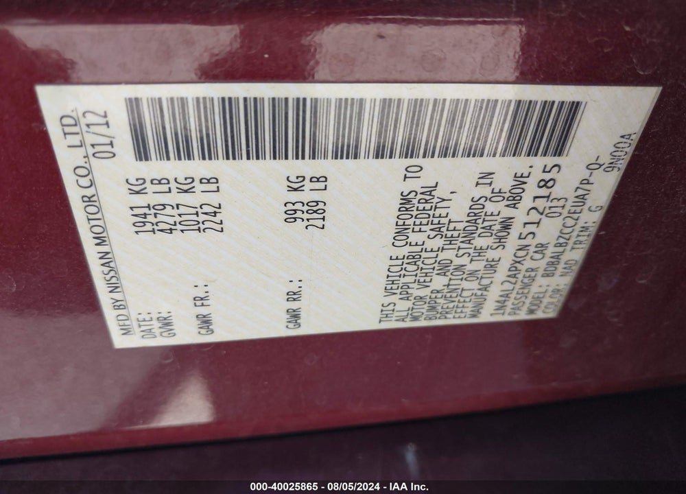 2012 NISSAN ALTIMA S VIN: 1N4AL2APXCN512185