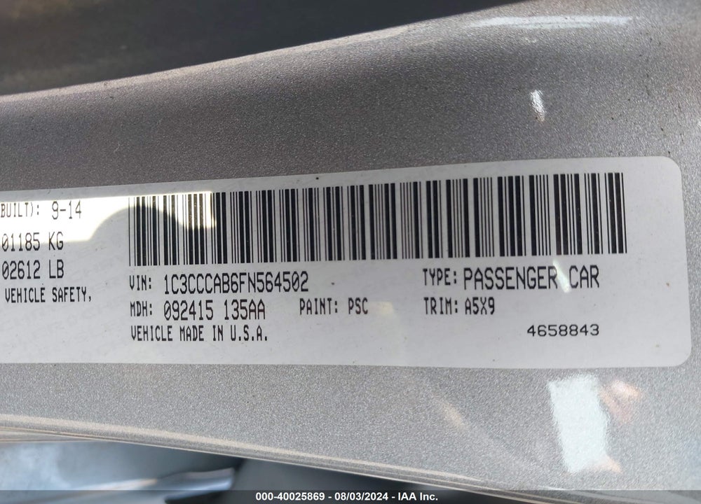 2015 CHRYSLER 200 VIN: 1C3CCCAB6FN564502