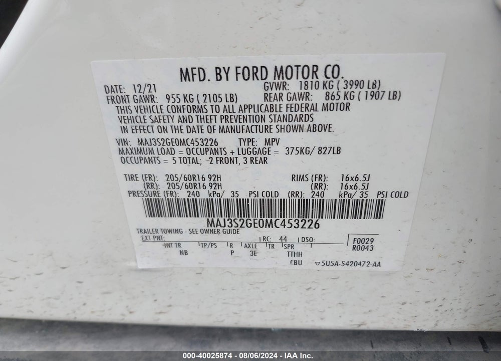 2021 FORD ECOSPORT SE VIN: MAJ3S2GE0MC453226