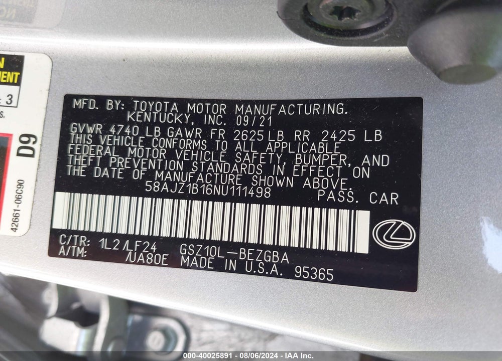 2022 LEXUS ES 350 F-SPORT VIN: 58AJZ1B16NU111498