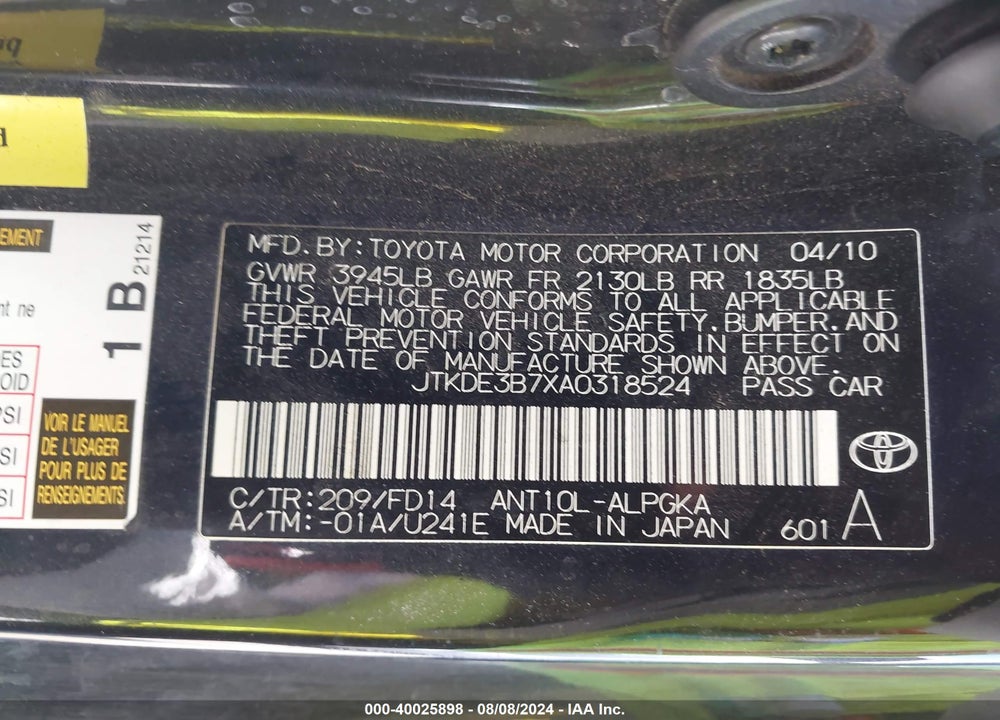 2010 SCION TC VIN: JTKDE3B7XA0318524