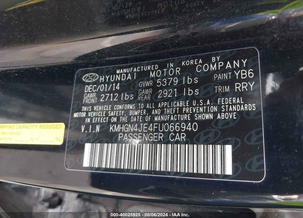 2015 HYUNDAI GENESIS 3.8 VIN: KMHGN4JE4FU066940
