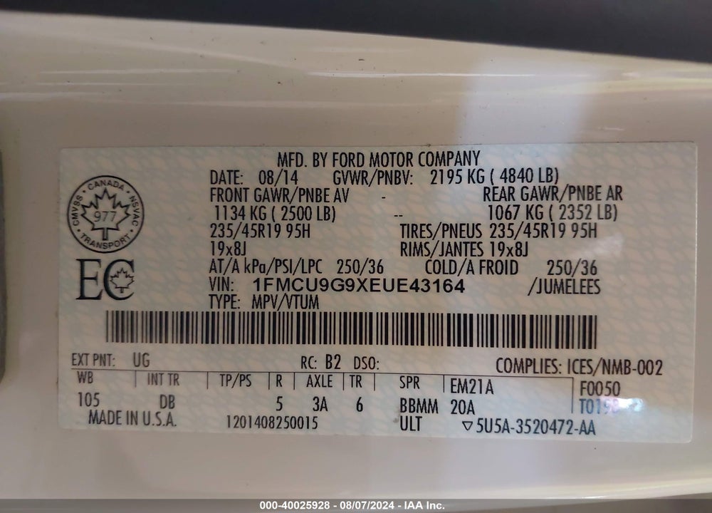 2014 FORD ESCAPE SE VIN: 1FMCU9G9XEUE43164