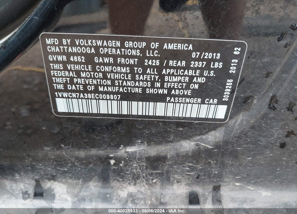 2014 VOLKSWAGEN PASSAT 2.0L TDI SEL PREMIUM VIN: 1VWCN7A38EC009807