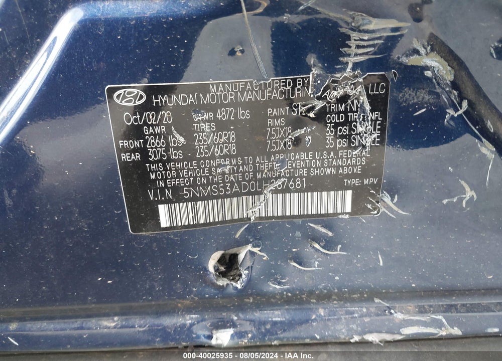 2020 HYUNDAI SANTA FE LIMITED VIN: 5NMS53AD0LH287681