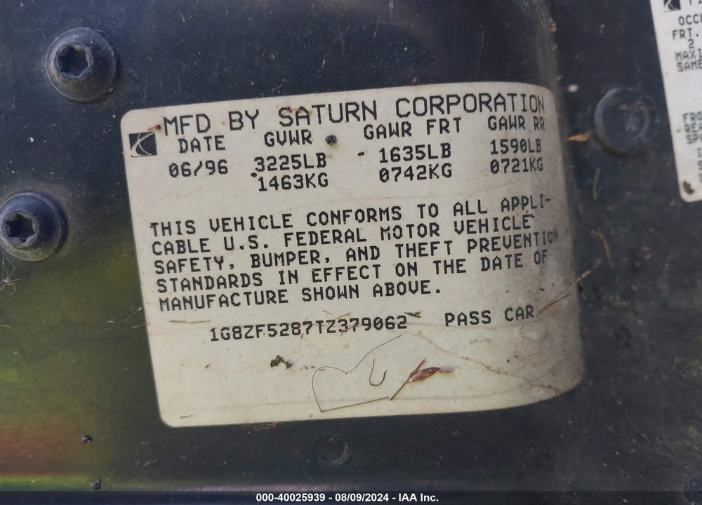 1996 SATURN SL VIN: 1G8ZF5287TZ379062