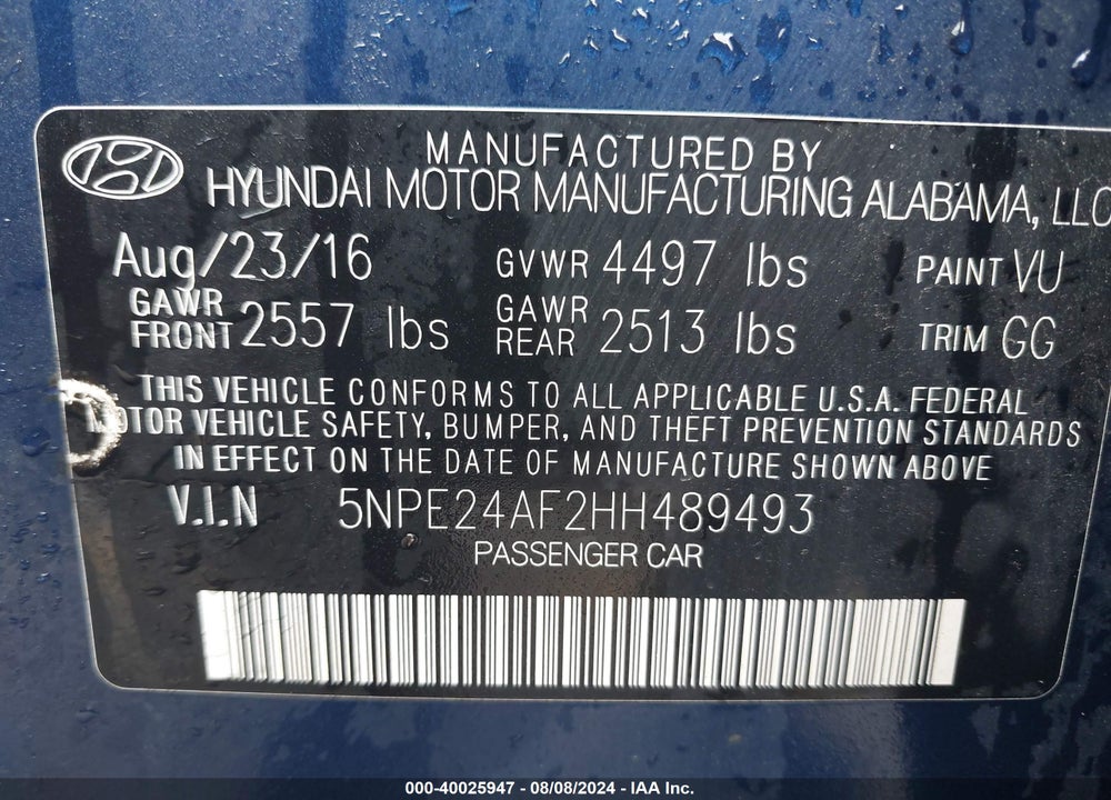 2017 HYUNDAI SONATA VIN: 5NPE24AF2HH489493