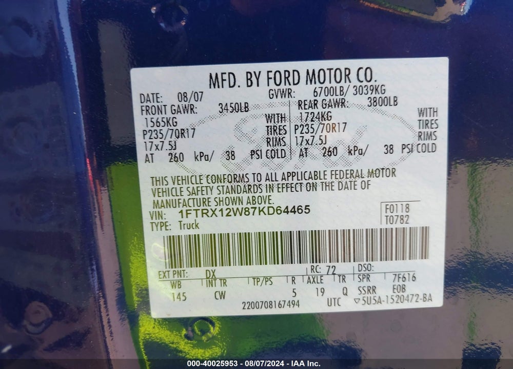 2007 FORD F-150 VIN: 1FTRX12W87KD64465