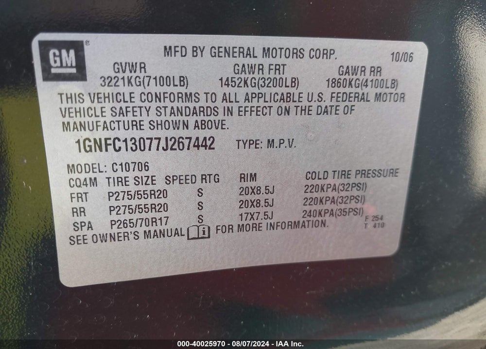 2007 CHEVROLET TAHOE LTZ VIN: 1GNFC13077J267442