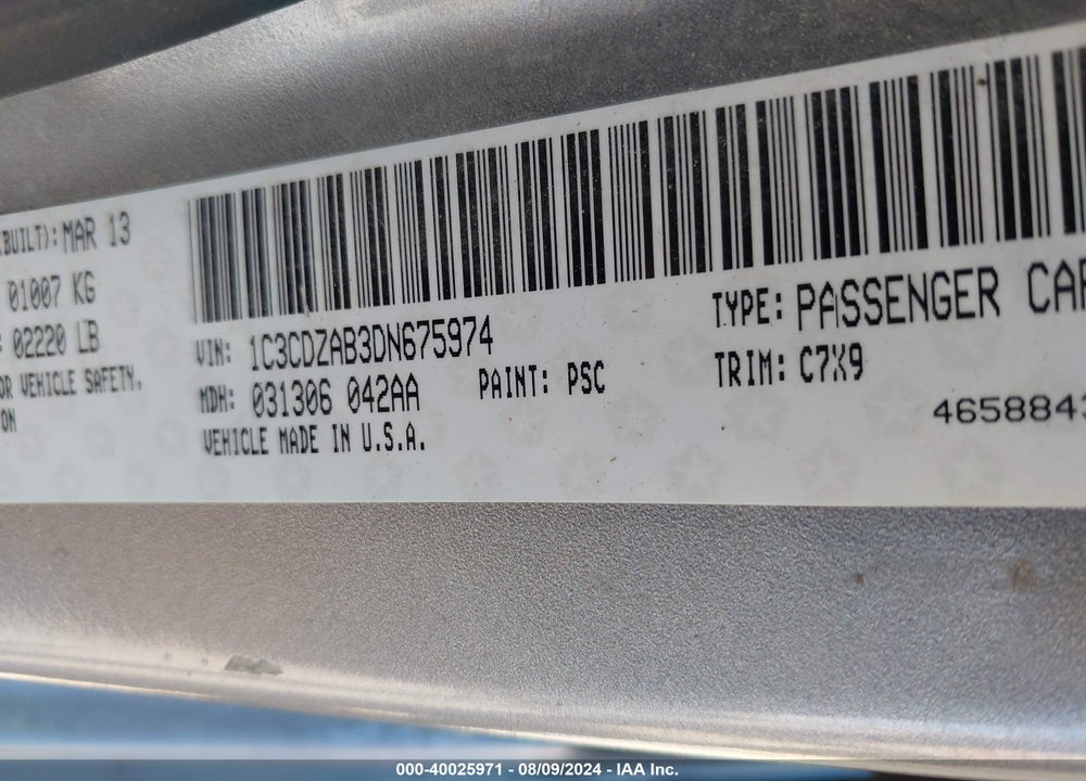 2013 DODGE AVENGER SE VIN: 1C3CDZAB3DN675974