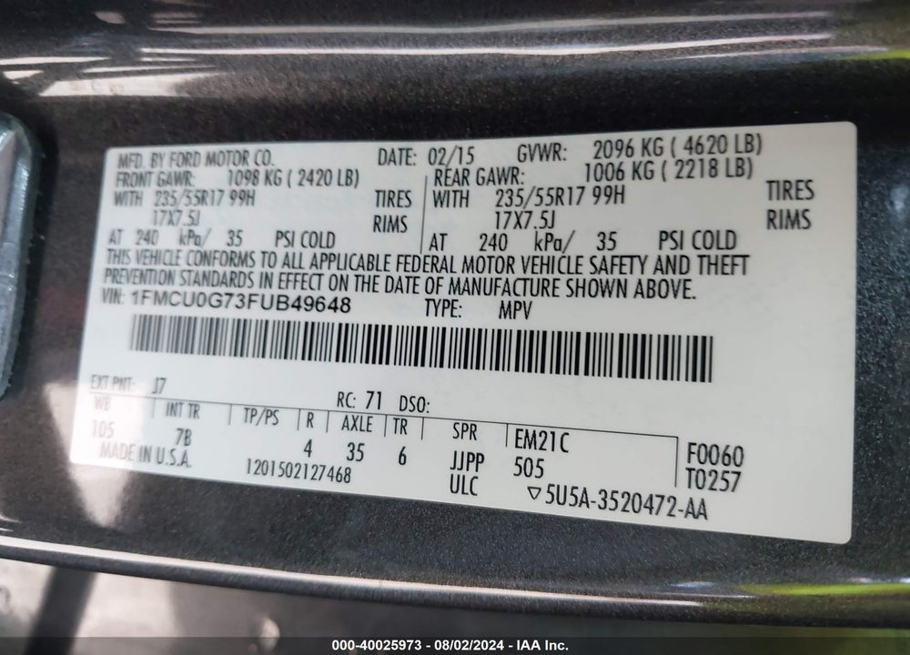 2015 FORD ESCAPE SE VIN: 1FMCU0G73FUB49648