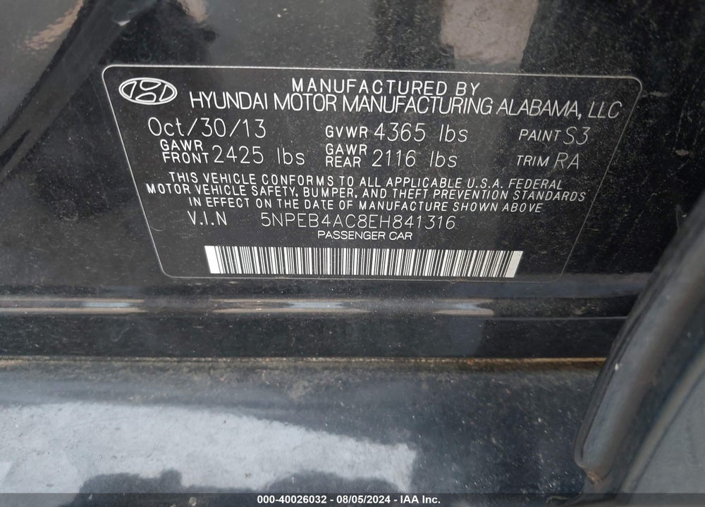 2014 HYUNDAI SONATA GLS VIN: 5NPEB4AC8EH841316