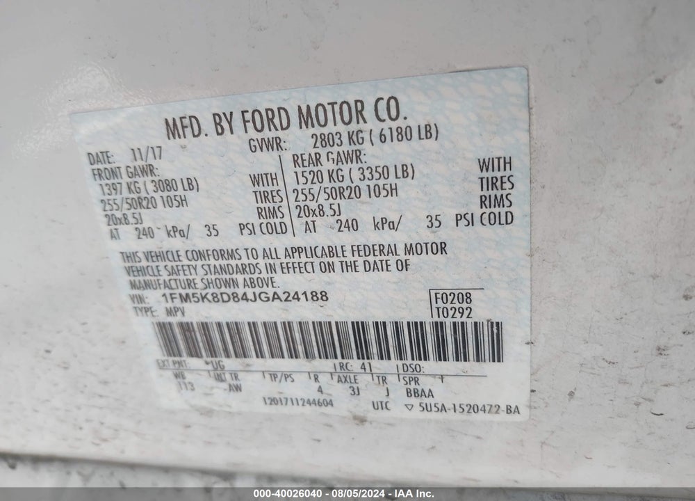 2018 FORD EXPLORER XLT VIN: 1FM5K8D84JGA24188