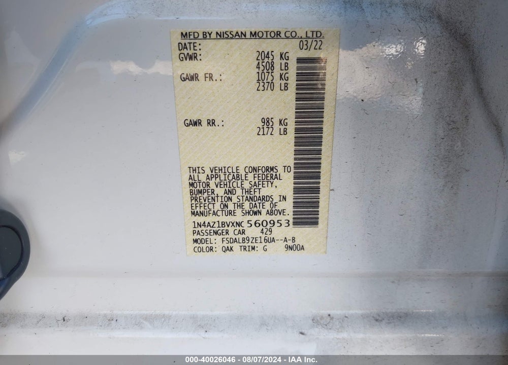 2022 NISSAN LEAF S 40 KWH VIN: 1N4AZ1BVXNC560953