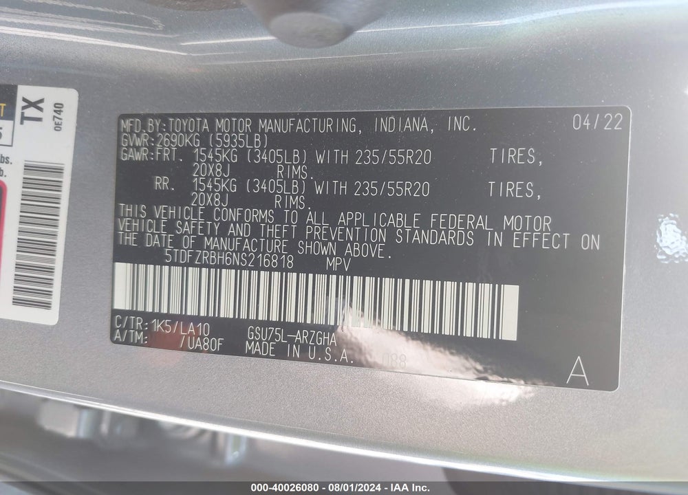 2022 TOYOTA HIGHLANDER PLATINUM VIN: 5TDFZRBH6NS216818