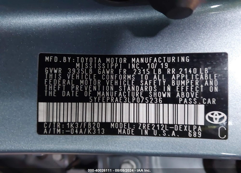 2020 TOYOTA COROLLA LE VIN: 5YFEPRAE3LP075236