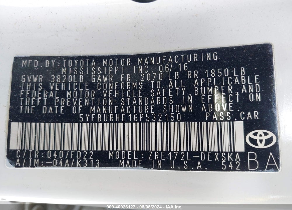 2016 TOYOTA COROLLA S PLUS VIN: 5YFBURHE1GP532150