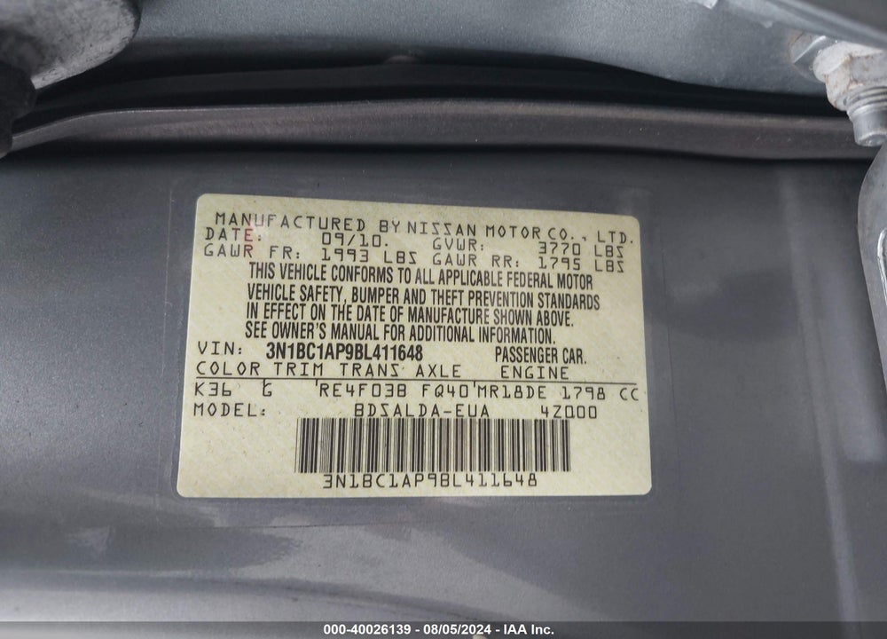 2011 NISSAN VERSA VIN: 3N1BC1AP9BL411648