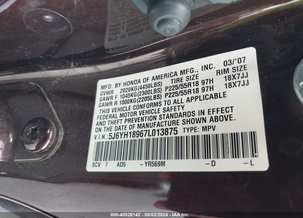2007 HONDA ELEMENT SC VIN: 5J6YH18967L013875