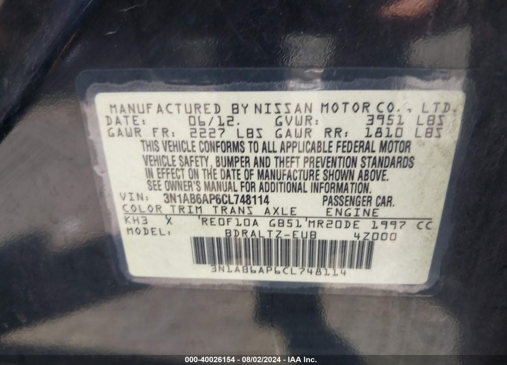 2012 NISSAN SENTRA 2.0 SR VIN: 3N1AB6AP6CL748114