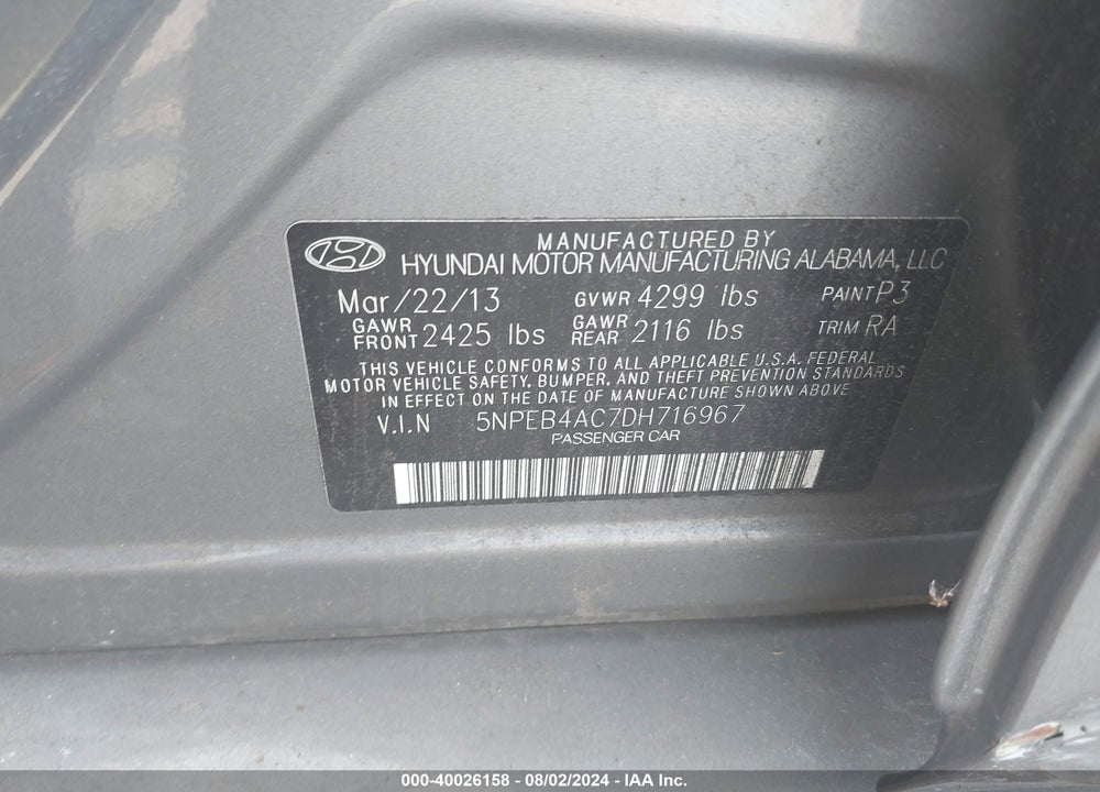 2013 HYUNDAI SONATA GLS VIN: 5NPEB4AC7DH716967