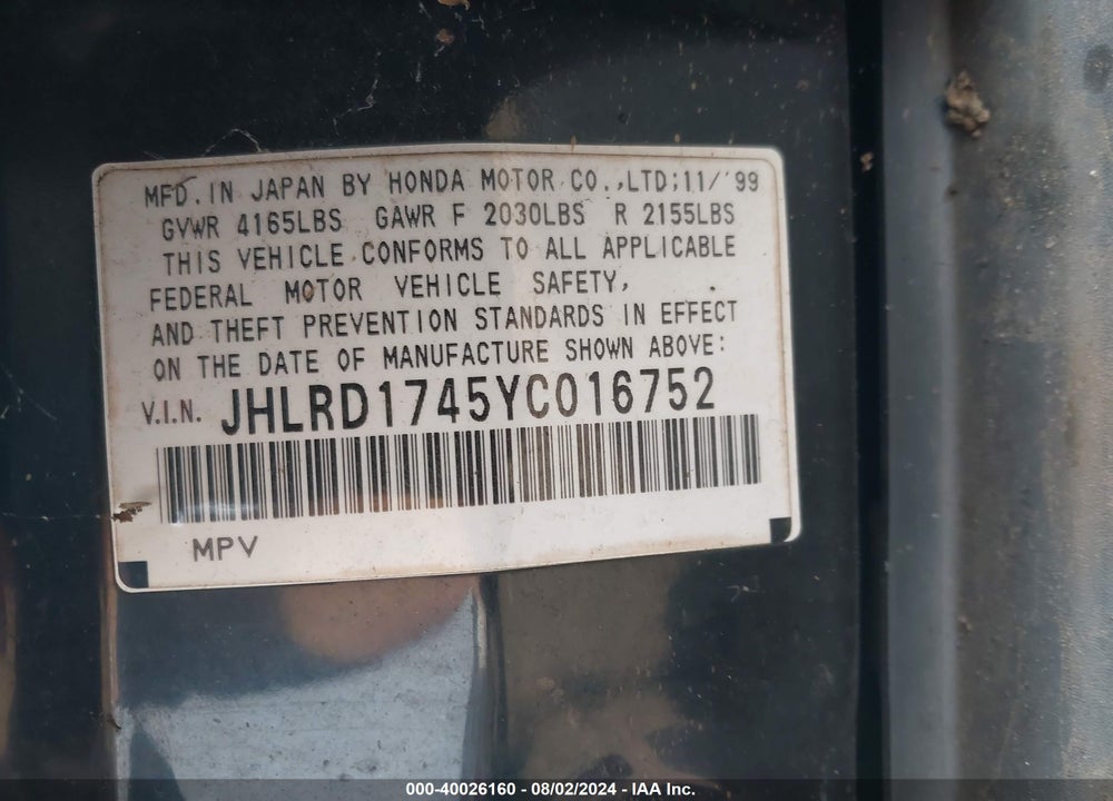 2000 HONDA CR-V LX VIN: JHLRD1745YC016752