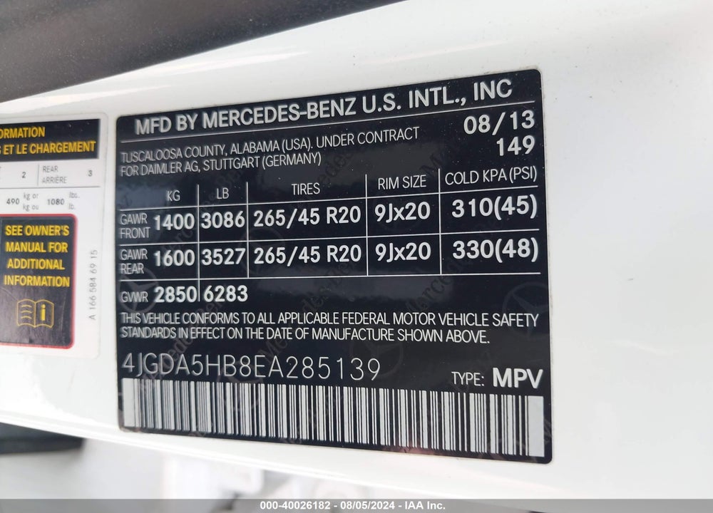2014 MERCEDES-BENZ ML 350 4MATIC VIN: 4JGDA5HB8EA285139