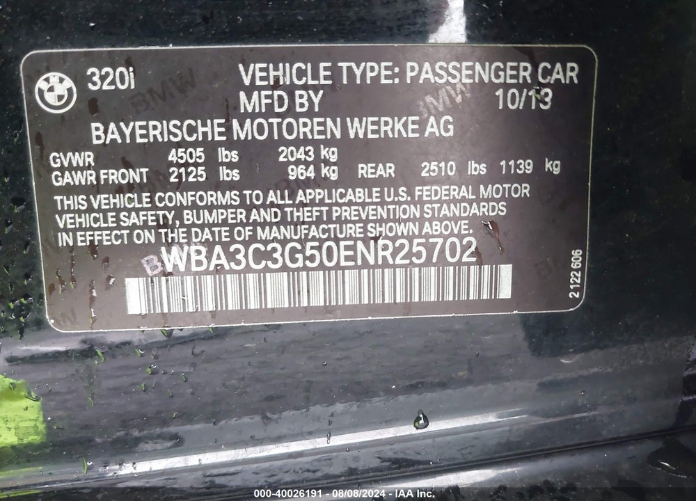 2014 BMW 320I XDRIVE VIN: WBA3C3G50ENR25702
