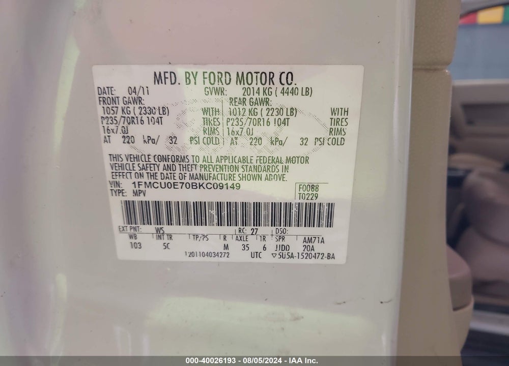 2011 FORD ESCAPE LIMITED VIN: 1FMCU0E70BKC09149