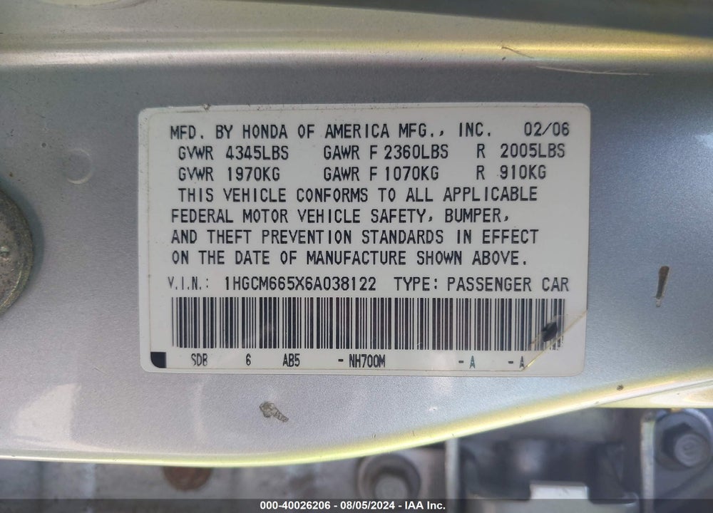2006 HONDA ACCORD 3.0 EX VIN: 1HGCM665X6A038122