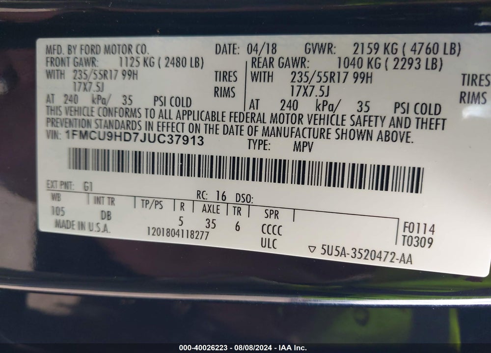 2018 FORD ESCAPE SEL VIN: 1FMCU9HD7JUC37913