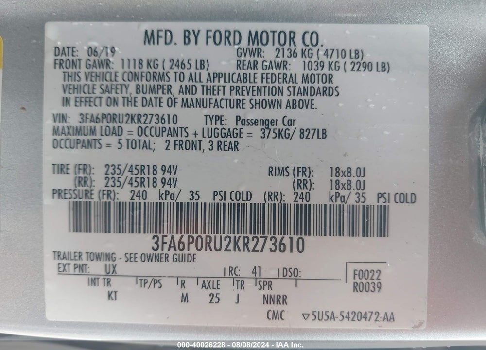 2019 FORD FUSION HYBRID VIN: 3FA6P0RU2KR273610