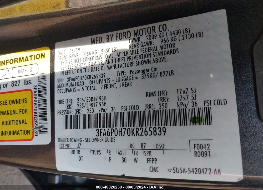 2019 FORD FUSION SE VIN: 3FA6P0H70KR265839