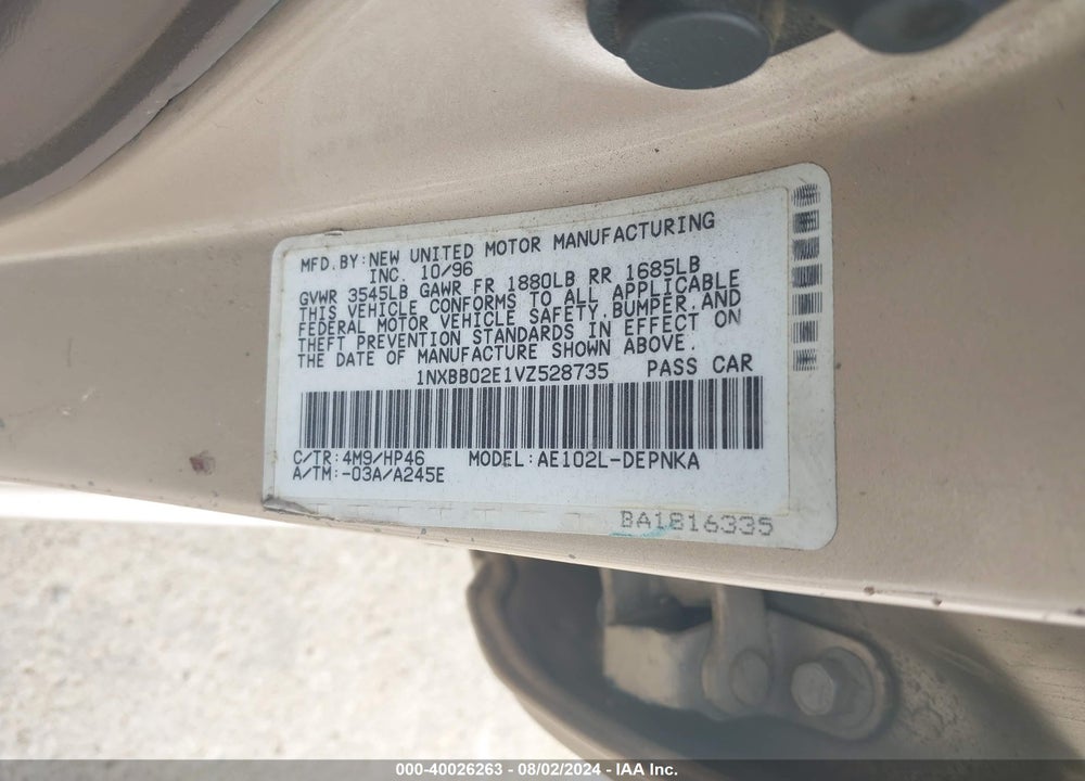1997 TOYOTA COROLLA DX VIN: 1NXBB02E1VZ528735