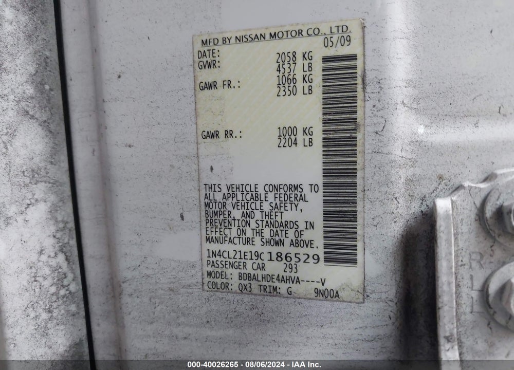 2009 NISSAN ALTIMA HYBRID VIN: 1N4CL21E19C186529