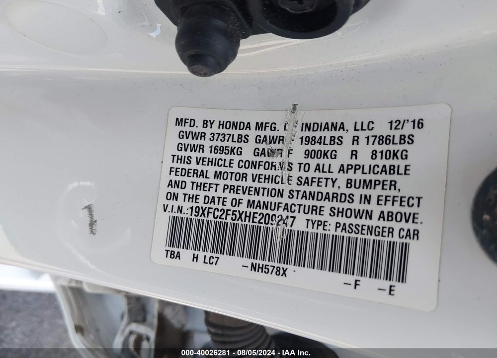 2017 HONDA CIVIC LX VIN: 19XFC2F5XHE209247
