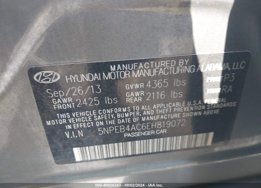 2014 HYUNDAI SONATA GLS VIN: 5NPEB4AC6EH819072